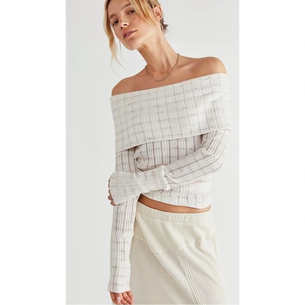 FREE PEOPLE Snowbunny Striped Off the Shoulder Metallic Long Sleeve Top L NWT.